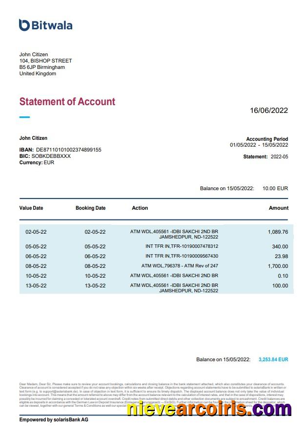 United Kingdom Bitwala bank statement, Word and PDF